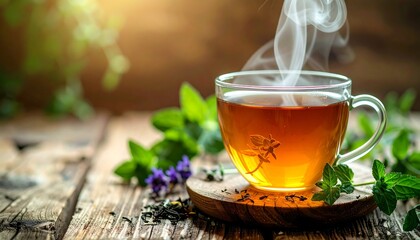 Steaming Cup of Herbal Tea on Rustic Wooden Table