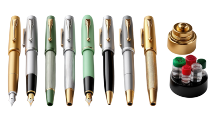 Elegant Writing Instruments: A collection of meticulously crafted fountain pens and inkwells, embodying the timeless allure of refined writing and classic artistry.