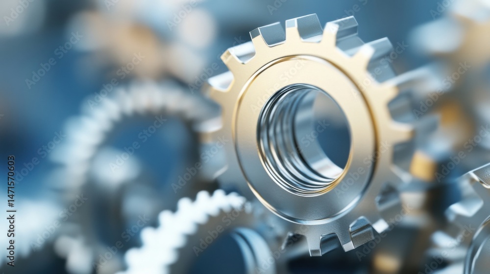 Poster Close-up of metallic gears interlocked, showcasing intricate details and a polished, chrome-like finish.  The image evokes themes of precision engineering and complex machinery. : Generative AI