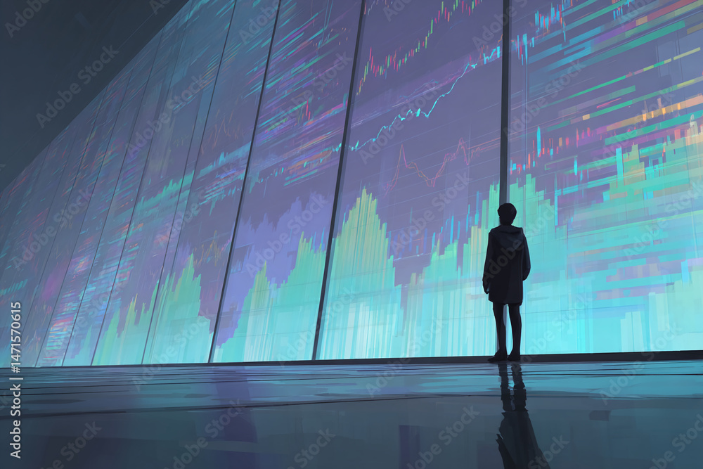 Poster silhouette of person observing large display showing colorful data graphs, conveying concepts of dat
