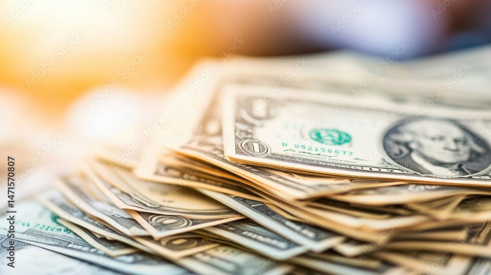 Poster A close up view of a stack of one dollar bills, showcasing the intricate details of the currency and the portrait of George Washington. The warm lighting creates a soft, inviting atmos : Generative AI