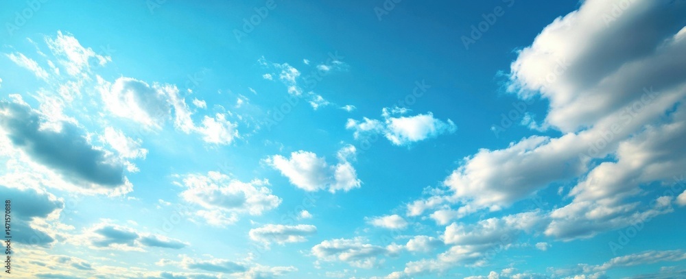 Aufkleber A vibrant blue sky filled with fluffy cumulus clouds, illuminated by bright sunlight creating a serene and peaceful atmosphere. : Generative AI