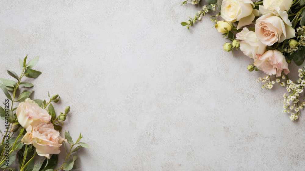 Poster elegant blush pink roses and eucalyptus sprigs arranged on a light gray textured background, creatin