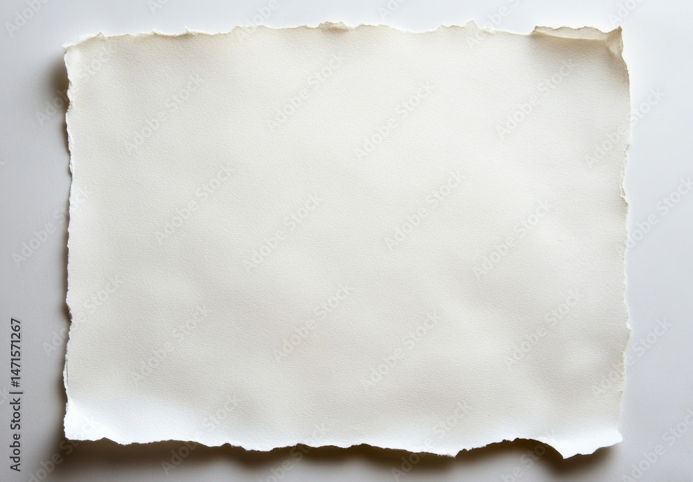 Poster a textured, off-white sheet of paper with a torn, irregular edge rests on a light gray surface, prov