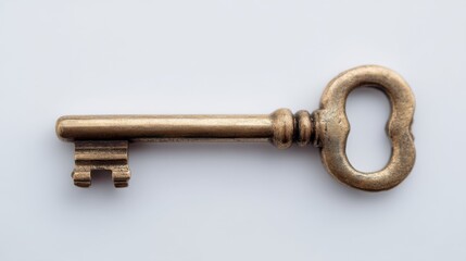 A single antique brass skeleton key lies on a plain white background, showcasing intricate details and a vintage aesthetic. : Generative AI