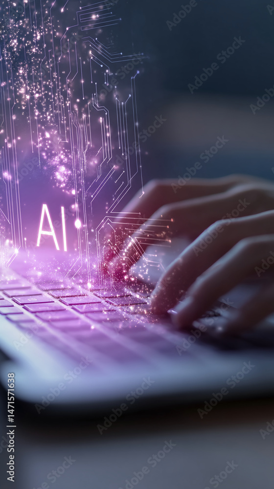 Poster Close-up of hands typing on laptop keyboard, AI concept digitally overlaid, glowing purple circuit board design symbolizing technological innovation and artificial intelligence