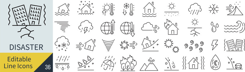 線の編集ができる災害に関するアイコンセット（アウトライン化していない）  © syoko