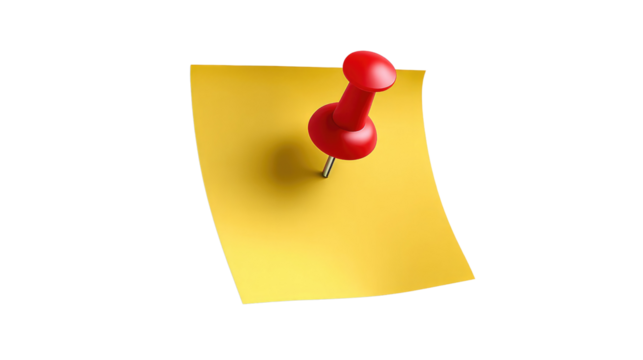 Note Reminder: A single, bright yellow sticky note is pinned to a wall, offering space for brief text and ideas, accompanied by a vibrant red pushpin.