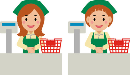 笑顔でレジに立つ緑エプロンの若い女性。その2
