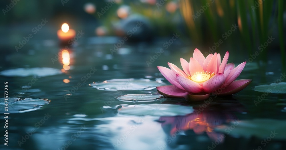 Poster serene pink water lily blossom floats gently on a tranquil pond at dusk, illuminated from within, ne