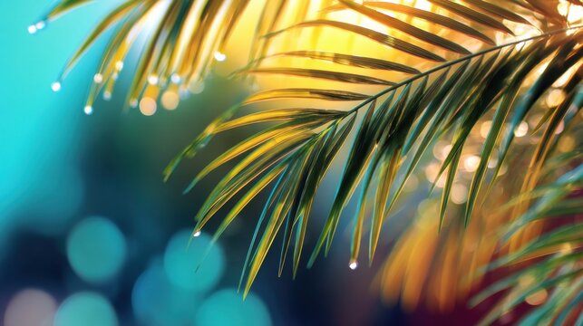 Golden palm fronds glistening with morning dew, bathed in soft sunlight against a teal bokeh background. A vibrant, tropical image perfect for summer themes. : Generative AI