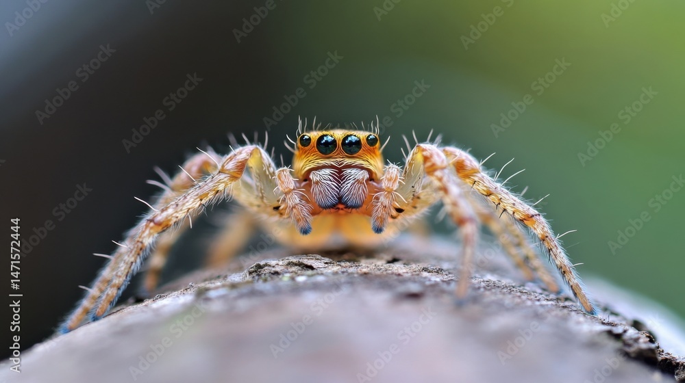 Poster close-up view of a vibrant orange jumping spider perched on a textured tree branch, showcasing its i