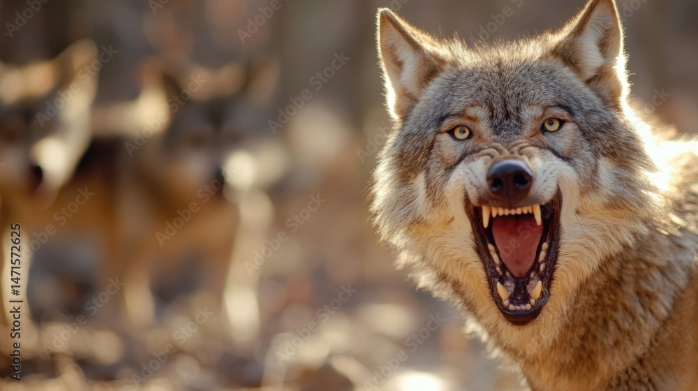 Poster a lone wolf snarls, its teeth bared in a fierce display, while a pack of wolves is blurred in the ba