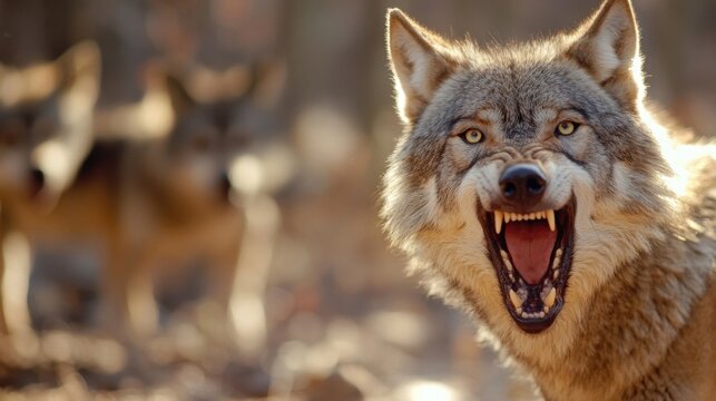 A lone wolf snarls, its teeth bared in a fierce display, while a pack of wolves is blurred in the background, bathed in the warm golden light of the setting sun. : Generative AI