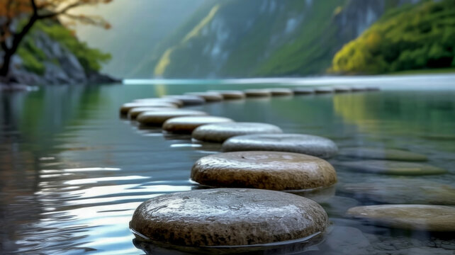 A serene nature photograph of a stepping stone path across a mountain lake. The stones are smooth, round, and gray in color, arranged in a perfect line across the water