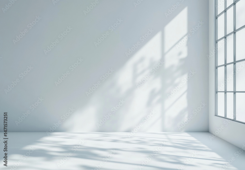 Poster sunlight casts delicate leaf shadows on a minimalist white room's wall and floor, near a large panel