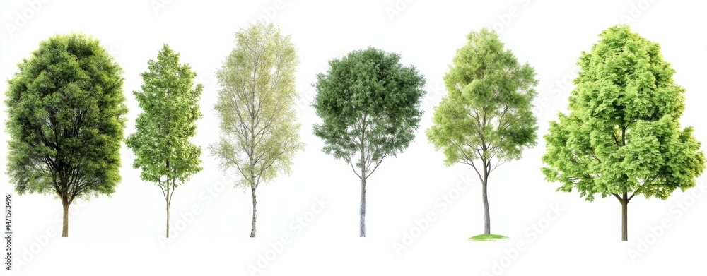 Poster five different deciduous trees isolated on white background, showcasing variations in foliage and he