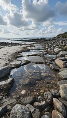 Surreal Rocky Shoreline with Puddles of Light: A Mesmerizing Coastal Scene