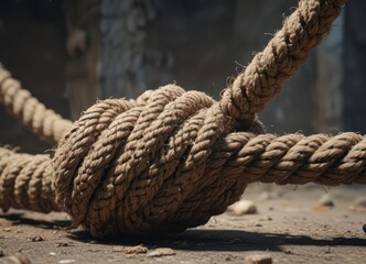 A taut, heavily stressed rope, edges crumbling, about to snap ,  close-up,  natural,  abstract