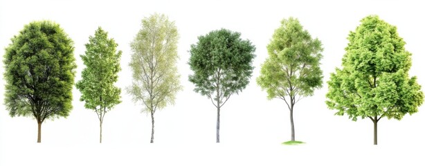 Five different deciduous trees isolated on white background, showcasing variations in foliage and height, ideal for landscaping and environmental designs. : Generative AI