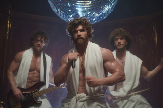 Three men rock a funk jam in steam-filled sauna, colored light from disco ball scatters on wood, sweat glistens as energy pulses.