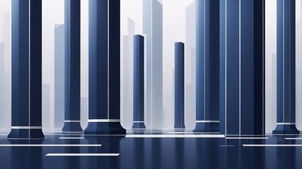 A sleek, high-resolution business background, modern and minimalistic, with clean symmetry, navy blue tones, abstract pillars or balance motifs. Subtle lighting effects, glassy or futuristic elements