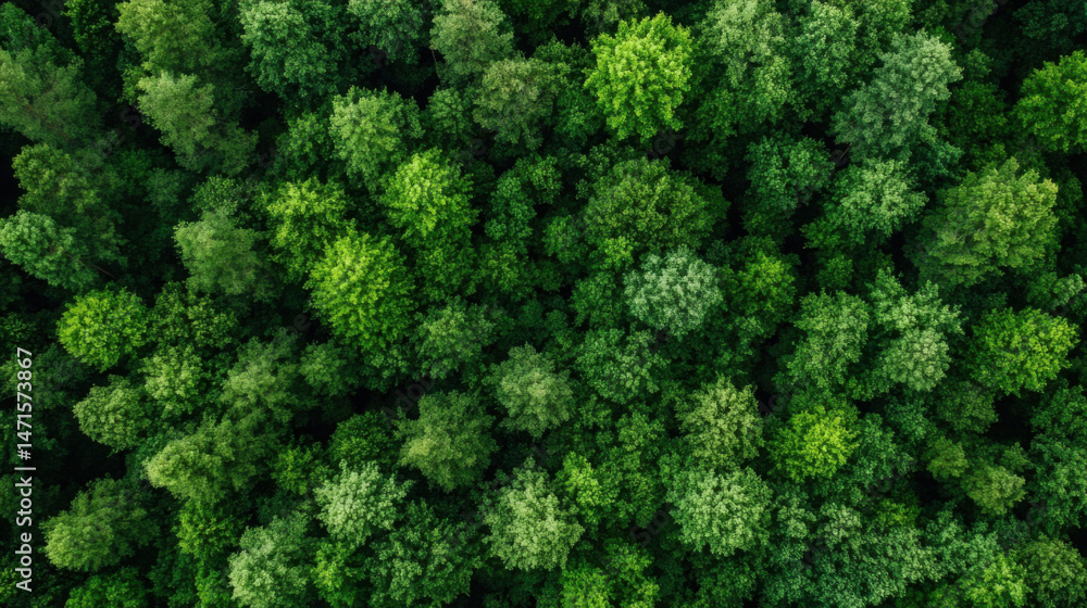Aufkleber aerial view of a lush, green forest canopy, showcasing dense treetops in various shades of green, cr