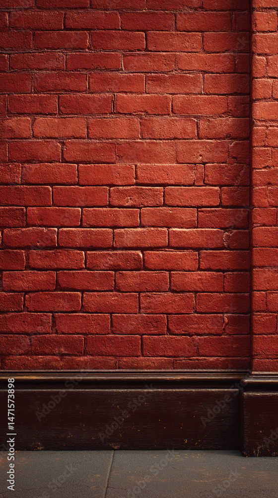 Aufkleber red brick wall texture with dark brown baseboard and floor, creating a rustic and industrial backgro
