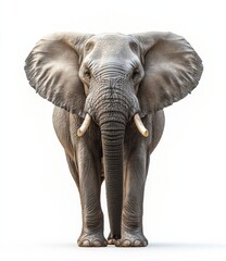 Fototapeta premium A majestic african elephant stands facing the camera, its large ears spread wide, showcasing its powerful presence and detailed textured skin. The ivory tusks are prominent, and the e : Generative AI