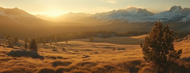 Golden hour sunlight bathes a serene mountain valley, illuminating the golden grass and snow-capped peaks in the distance, creating a breathtaking landscape. : Generative AI