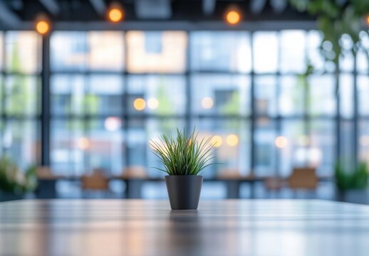 Small potted plant sits on a light wood table in a modern, bright office space with large windows and blurred background. : Generative AI