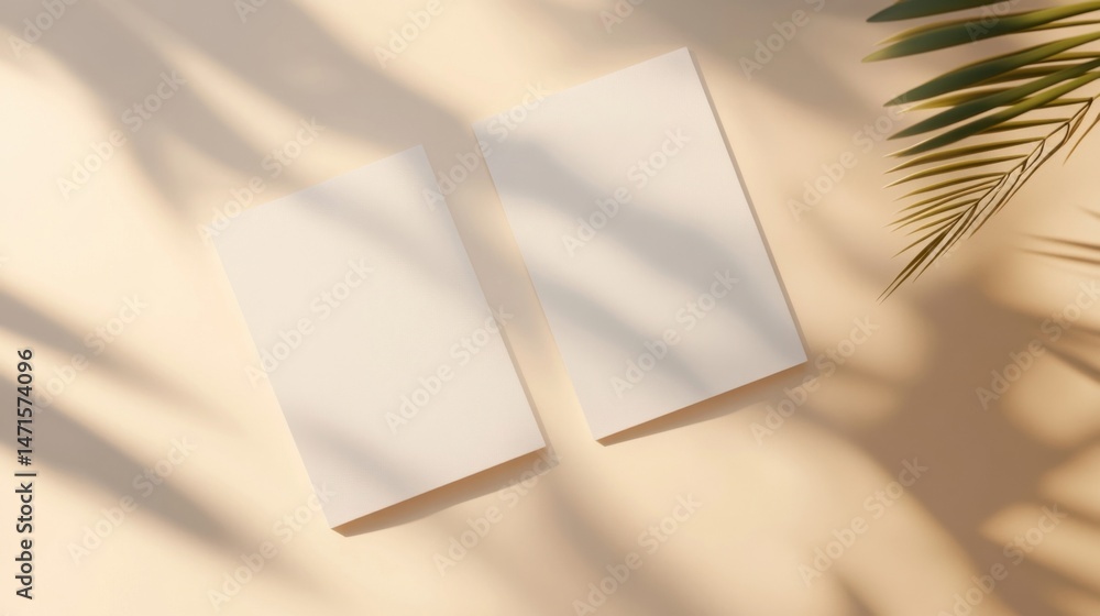 Poster two blank cards arranged on a beige surface with palm leaf shadows, ideal for branding or mockup des