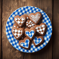 Obraz premium blue and white checkered plate with traditional german chocolate heart shaped cookies