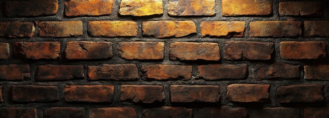 Fototapeta na wymiar A textured brick wall illuminated by a single light source, showcasing rich brown and orange hues with dark mortar. The image offers a rustic, vintage aesthetic. : Generative AI