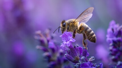 Close-Up of Honey Bee Pollinating Lavender Flower in Vibrant Purple Field Environment