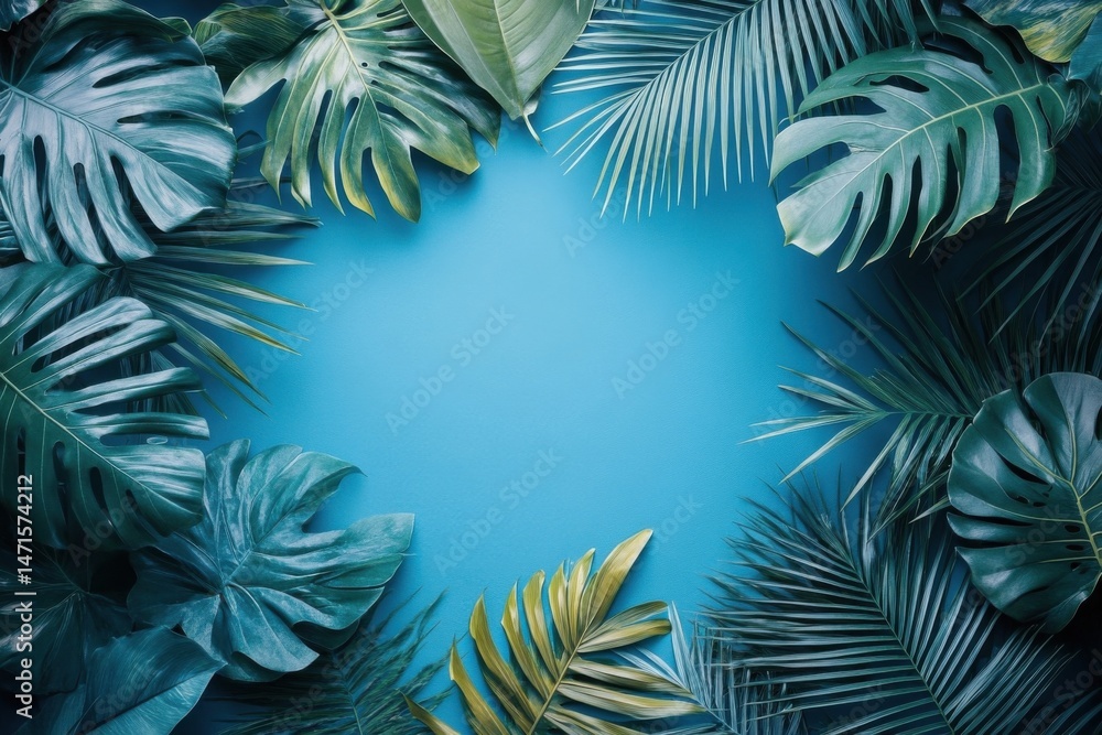 Poster vibrant tropical leaves arranged in a circular frame against a bright blue background, creating a lu