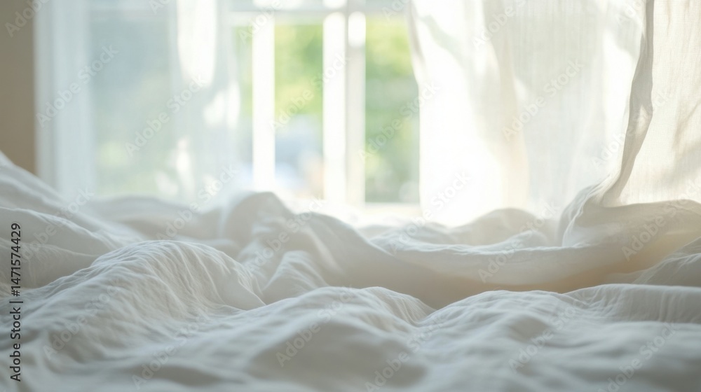 Poster soft, white linen sheets draped over a bed, sunlight streaming through a window, creating a peaceful