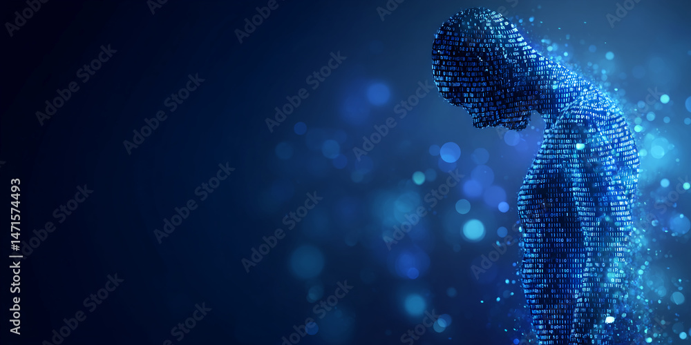 Poster Abstract digital human figure formed from binary code, bowed, on a dark blue bokeh background, suggesting data, technology, or vulnerability