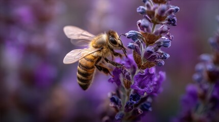 Close-Up of Honeybee Collecting Nectar from Lavender Flower Blossoms in Soft Natural Light