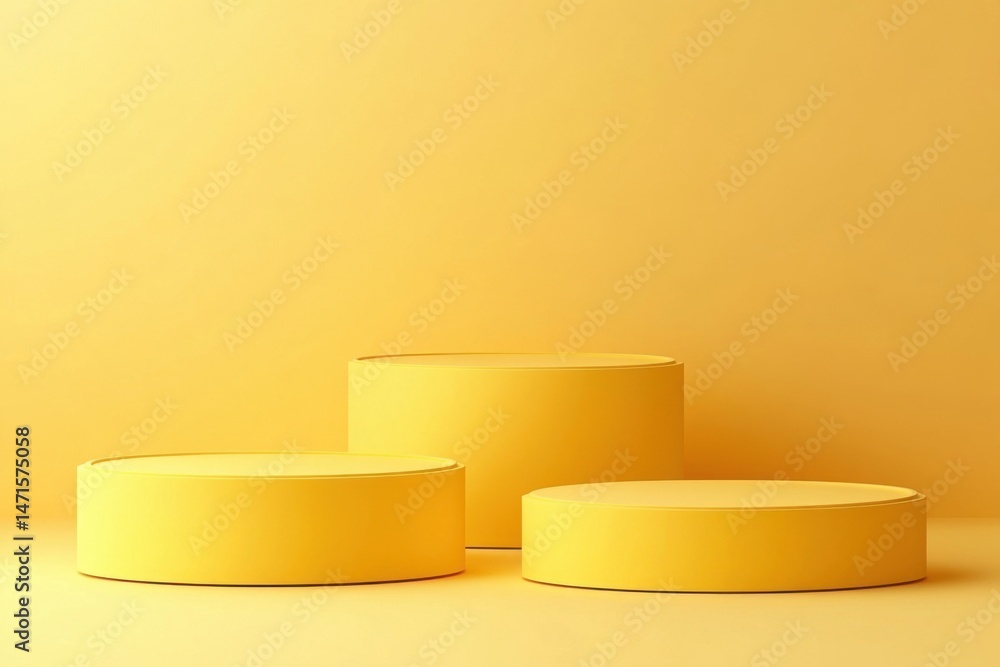 Poster three yellow cylindrical platforms on a matching yellow background, ideal for product display or min