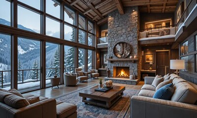Cozy wooden chalet interior with fireplace, stone wall and large panoramic windows overlooking snowy forest. Concept of winter comfort and luxury living - Powered by Adobe