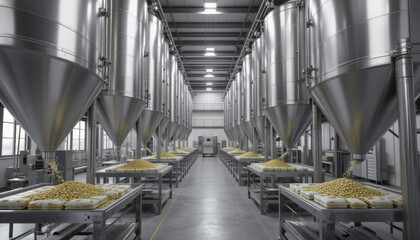 Fototapeta premium modern industrial facility with large stainless steel silos and conveyor belts efficiently processes and packages food products, creating clean and organized environment
