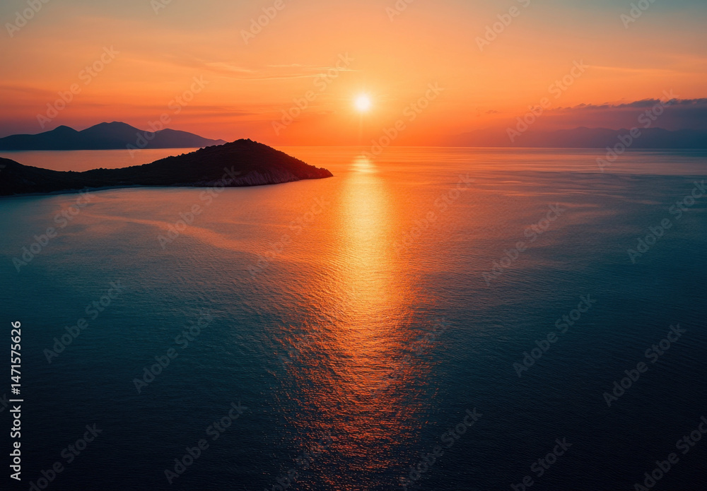 Poster sunset over the aegean sea, illuminating a rocky coastline with golden light, creating a serene and 
