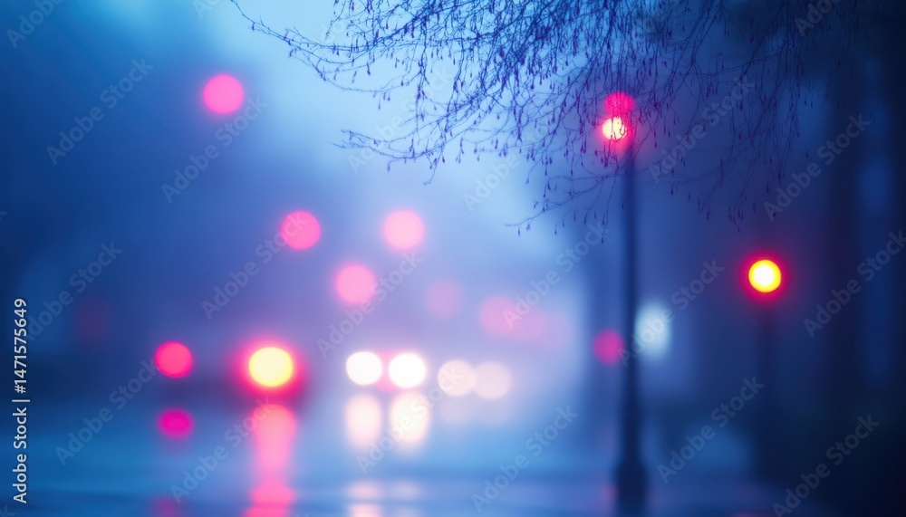 Poster blurred city lights and tree branches on a foggy night, creating a dreamy, atmospheric scene with bo