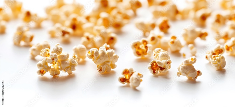 Poster A scattering of fluffy popcorn kernels on a pristine white surface, illuminated by soft light, showcasing their delicate texture and golden-brown centers. : Generative AI
