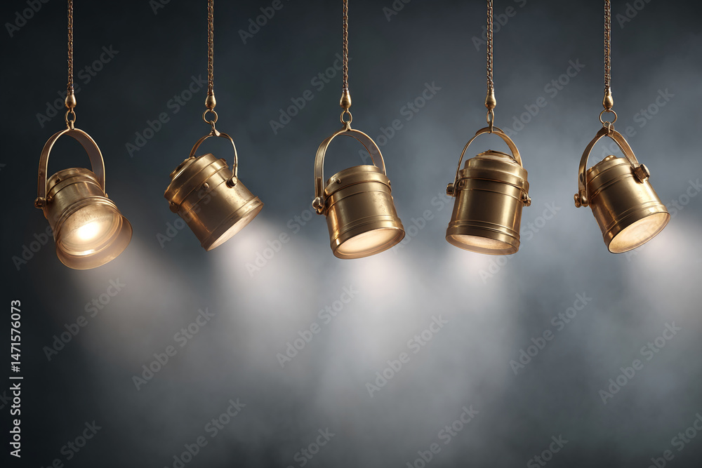 Aufkleber five brass spotlights hang, casting soft light against a dark gray background, creating a dramatic s