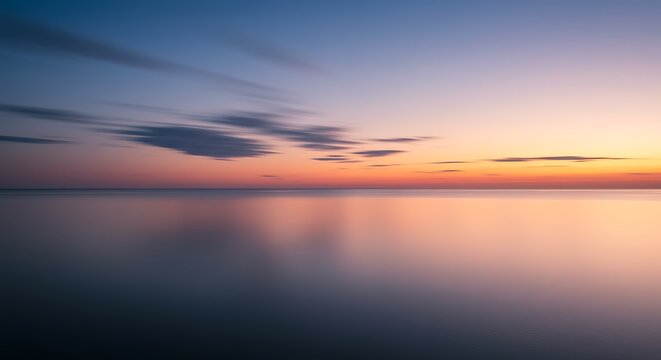 Blurred clouds stretch across a soft pastel ocean horizon in a peaceful long-exposure seascape, perfect for serenity visuals.