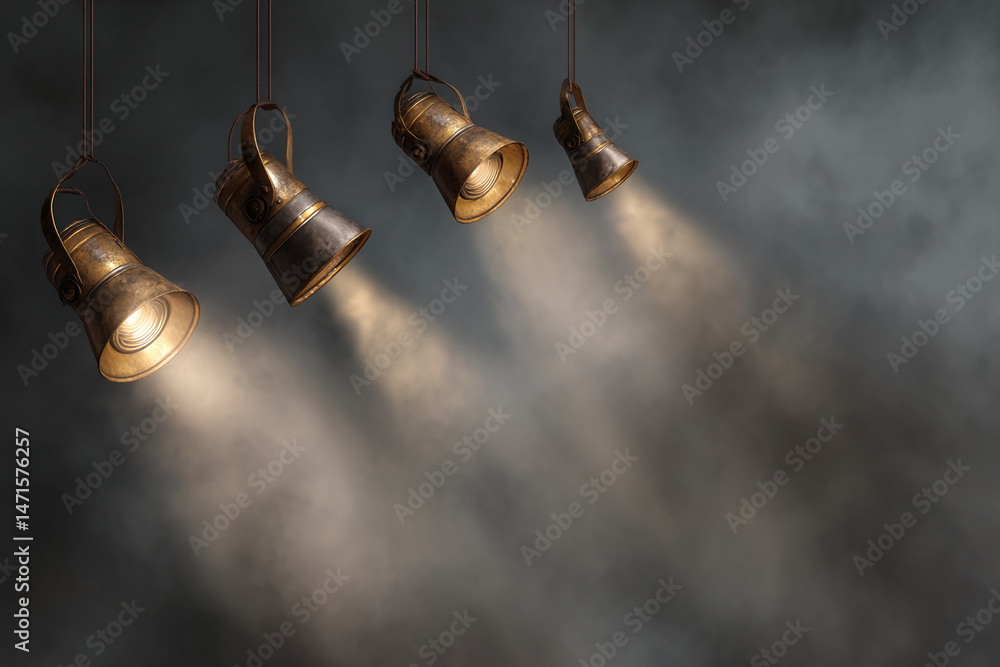 Aufkleber four vintage-style spotlights hang, casting beams on a smoky gray background, creating a dramatic sh