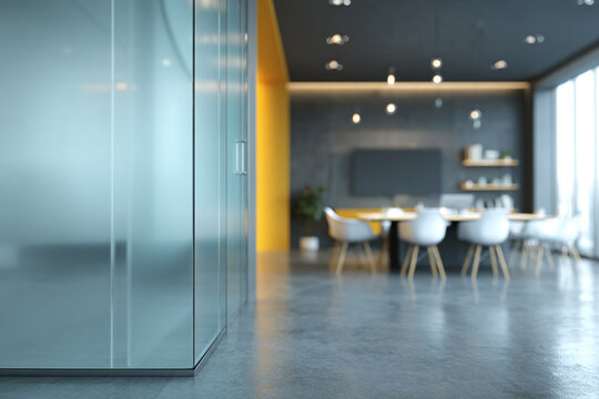 Frosted glass partition in modern office, blurred background shows meeting room with gray and yellow accents, suggesting a contemporary workspace