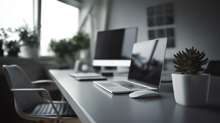 Fototapeta premium Minimalist workspace with clean desk, simple and organized. Efficiency and focus in a modern professional setting.